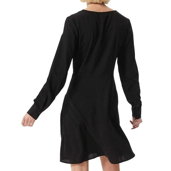 Vila Clothes Black Dress Fit & Flare Long Sleeve Bow Tie and Button Skirt Plunge - Picture 10 of 16